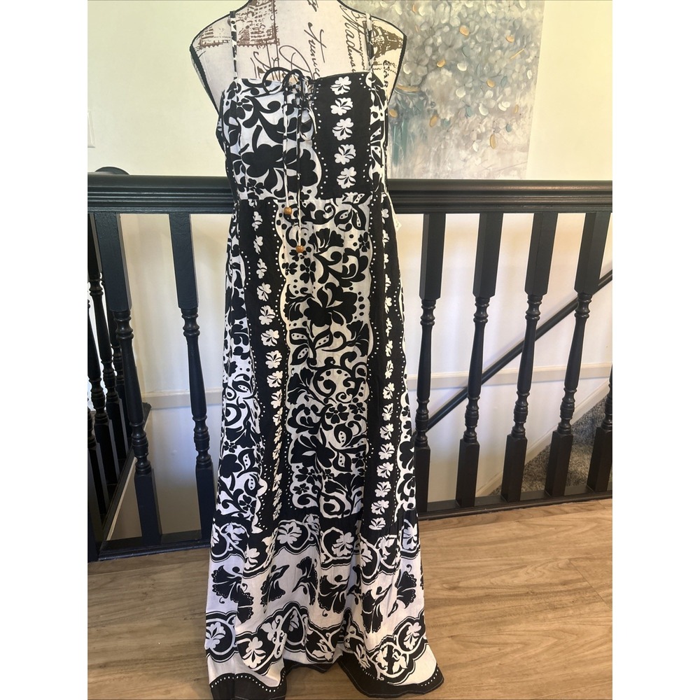Women's‎ Adjustable Spaghetti Strap Boho Print Linen Blend Maxi Dress L Flowy